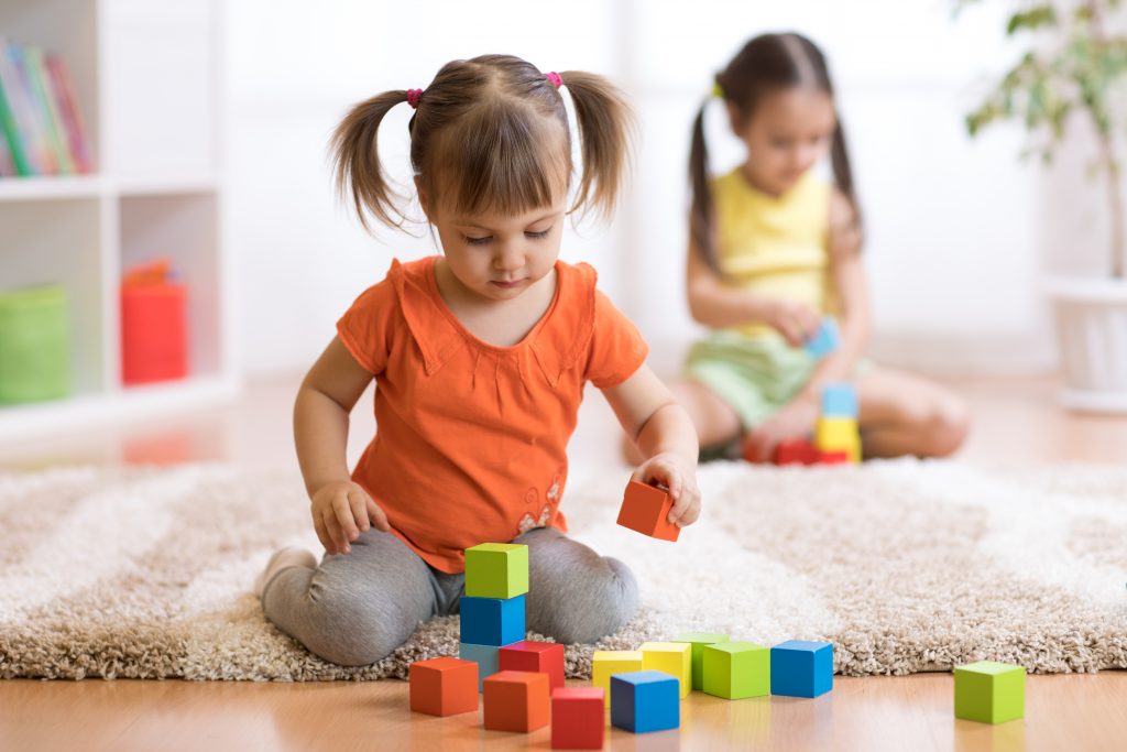 two toddler girls playing with blocks sitting on a rug